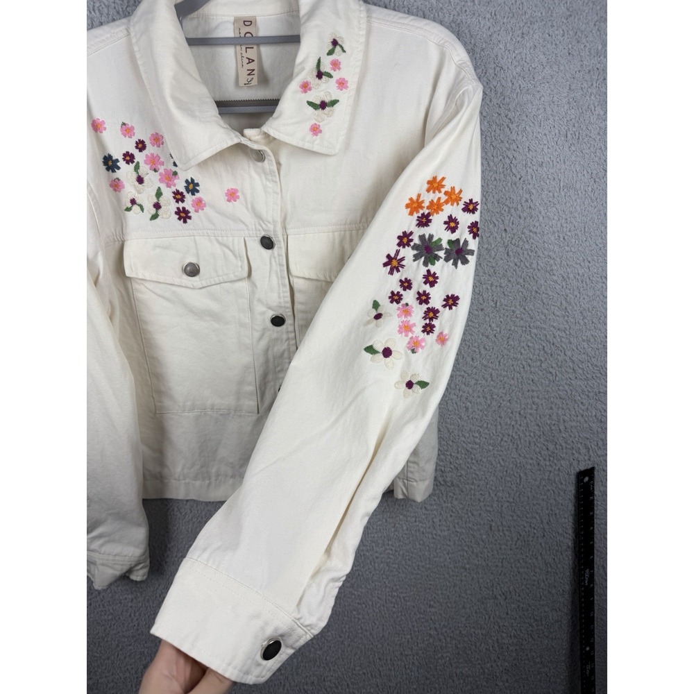 Dolan Women's Floral Embroidered Cream Cotton Trucker Jacket Sz L - Picture 5 of 12